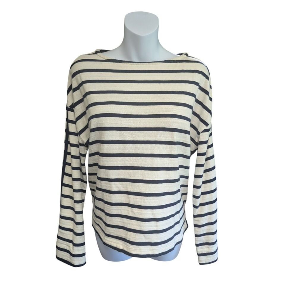 LOFT Navy and White Striped Long Sleeve Boatneck Top Women's Size M